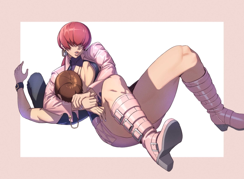 1girl boots breasts brown_hair chain_belt chris_(kof) cleavage cleavage_cutout clothing_cutout covered_eyes cropped_jacket earrings hair_over_eyes highres jacket jewelry large_breasts lips lipstick long_hair makeup miniskirt ogami pink_boots pink_jacket ponytail red_hair shermie_(kof) skirt snk split_ponytail the_king_of_fighters the_king_of_fighters_&#039;97 thighs