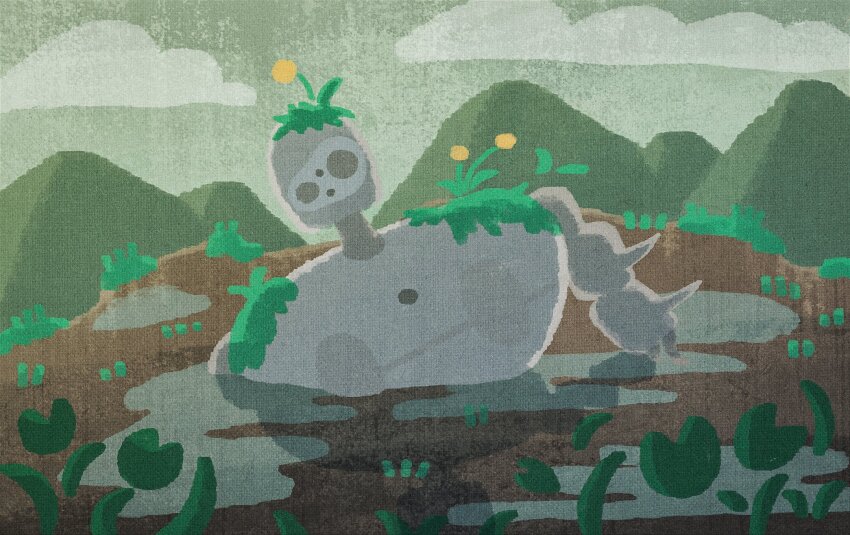buried cloud coopoppo flower grey_sky highres hill laputa_robot moss no_humans orange_flower outdoors partially_buried robot sky soil tenkuu_no_shiro_laputa