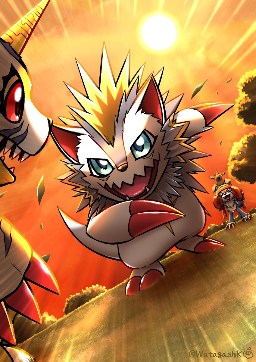 absurdres blue_eyes blue_fur body_fur digimon digimon_(creature) dog gaomon grey_fur gummymon herissmon highres horns no_humans red_eyes reptile single_horn solo_focus standing sun twitter_username watagashikn