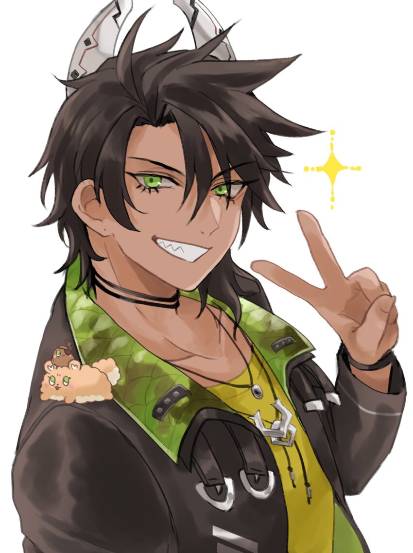 1boy aragami_oga black_choker black_hair black_jacket choker chungami collarbone creature crew_neck dark-skinned_male dark_skin dog green_eyes grin hair_between_eyes highres holostars horns jacket jewelry looking_at_viewer male_focus medium_hair mioto_(tsubsq_m) official_alternate_costume open_clothes open_jacket padded_jacket pendant pomekorokke pomeranian_(dog) sharp_teeth shirt simple_background smile solo sparkle spiked_hair teeth upper_body v virtual_youtuber white_background wristband yellow_shirt