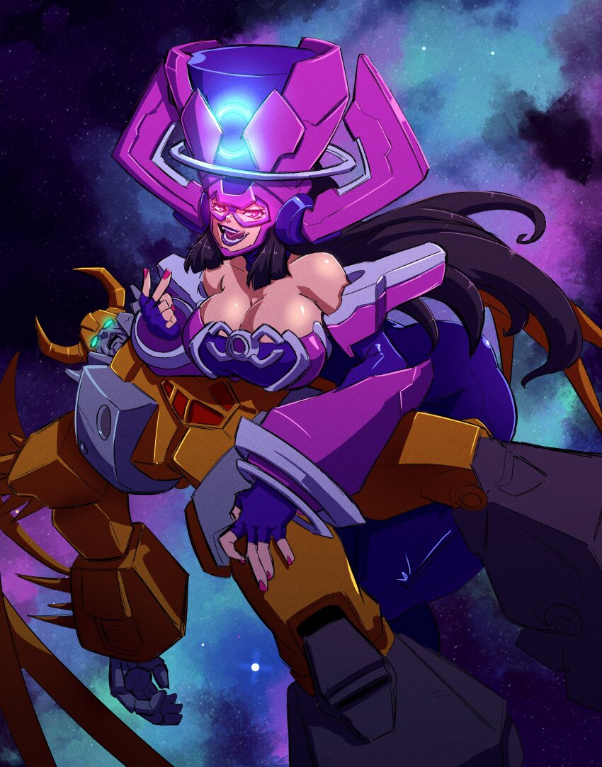 1boy 1girl absurdres bare_shoulders bent_over black_hair blue_dress blue_eyes breasts collarbone commentary cosmikaizer crossover detached_sleeves dress english_commentary fingerless_gloves galacta gloves glowing glowing_eyes hand_on_another&#039;s_thigh helmet highres horns large_breasts licking_lips long_hair marvel marvel_rivals mecha open_mouth pink_nails purple_lips red_eyes robot smile space star_(symbol) strapless strapless_dress tongue tongue_out transformers transformers:_generation_1 unicron v very_long_hair