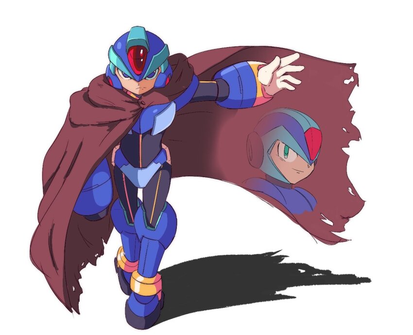 1boy android arm_cannon armor blue_armor blue_helmet brown_cloak cloak commission forehead_jewel full_body helmet male_focus mega_man_(series) mega_man_x_(series) simple_background sketch solo_focus surrealmason weapon white_background x_(mega_man)