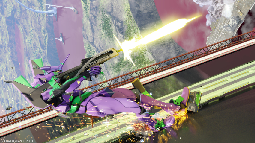 2020 assault_rifle autocannon battle building bullpup cannon caseless_firearm cityscape commentary concept_art contrail damaged dated debris destruction english_commentary english_text eva_01 evangelion_(mecha) firing freefall gun highres iggytek lcl machinery magnetic_weapon mecha mecha_focus military missile needlegun neon_genesis_evangelion no_humans pallet_rifle railgun realistic rifle robot ship signature smoke smoke_trail sparks water watercraft weapon when_you_see_it
