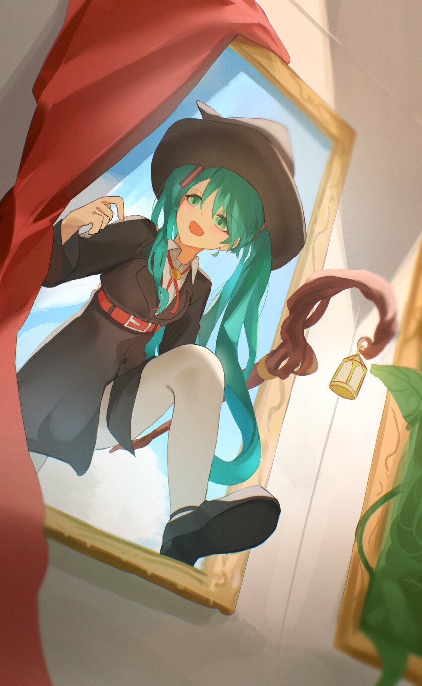 1girl absurdres aqua_hair belt black_shoes blue_sky blush brown_coat brown_hat buttons cloud coat collared_coat collared_shirt curtains facing_viewer from_below green_eyes hair_between_eyes hair_ornament hair_over_shoulder hairclip hat hatsune_miku highres holding holding_staff ky_nebu_(ky.nee) lantern large_hat long_hair looking_to_the_side mage_staff mary_janes open_mouth painting_(object) pantyhose parted_bangs plant red_belt red_ribbon ribbon shirt shoes sky smile solo staff through_medium through_painting twintails vocaloid waistband white_pantyhose white_shirt witch_hat