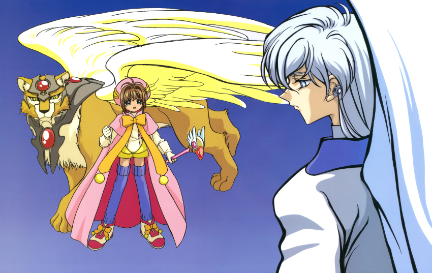 1990s_(style) 1boy 1girl absurdres antenna_hair blue_background blue_thighhighs bow brown_hair capelet cardcaptor_sakura closed_mouth earrings expressionless full_body fuuin_no_tsue gloves green_eyes hat highres holding holding_wand jewelry kerberos kero_(cardcaptor_sakura) kinomoto_sakura kinomoto_sakura_(dream_sakura) legs_apart lion long_hair looking_at_another magical_girl official_art orange_bow pink_capelet pink_hat pom_pom_(clothes) retro_artstyle shoes short_hair shorts simple_background standing takahashi_kumiko thighhighs wand white_eyes white_gloves white_hair white_wings wings yellow_eyes yellow_shorts yellow_wings yue_(cardcaptor_sakura)