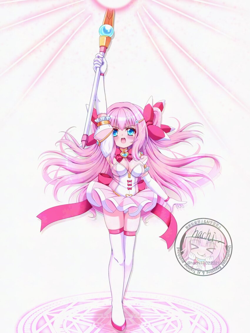 1girl :o arm_up back_bow blue_eyes boots bow breasts brooch dot_nose elbow_gloves full_body gloves hachi_(hachi11022021) hair_bow hair_intakes hair_ornament hairclip heart heart_brooch highres holding holding_wand jewelry large_breasts legs_together long_hair looking_at_viewer magic magic_circle miniskirt open_mouth oppai_loli original panties pantyshot pink_bow pink_hair pink_skirt pleated_skirt shiny_skin signature simple_background skirt solo standing standing_on_magic_circle thigh_boots thighhighs two_side_up underwear wand watermark white_background white_gloves white_panties white_thighhighs