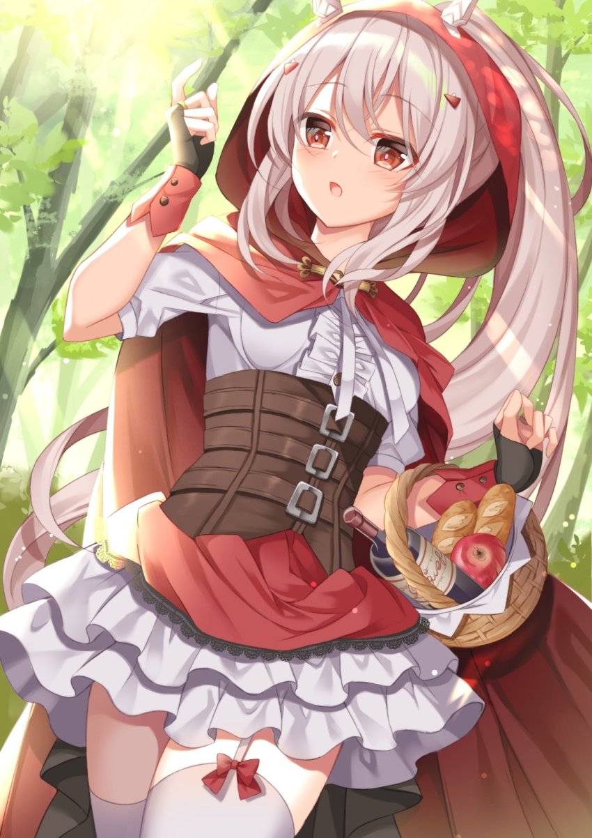 1girl alternate_costume apple ayanami_(azur_lane) azur_lane baguette basket black_gloves bottle bread cloak commentary_request corset day dress fingerless_gloves food forest frilled_dress frilled_skirt frills fruit garter_straps gloves hair_between_eyes highres little_red_riding_hood_(fairy_tale) long_hair nature open_mouth outdoors platinum_blonde_hair ponytail red_cloak red_eyes red_hood short_sleeves sidelocks skirt solo standing sugisaki_yuu sunlight thighhighs tree very_long_hair white_dress white_skirt white_thighhighs wine_bottle