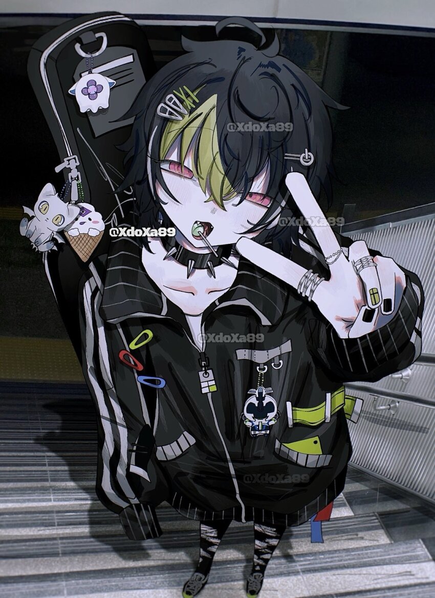 1boy arm_up artist_name black_hair black_jacket candy charm_(object) choker commentary food foreshortening full_body hair_between_eyes hair_ornament hairclip highres inami_rai instrument_case instrument_case_on_back jacket jewelry lollipop lollipop_in_mouth male_focus multicolored_hair multiple_rings nail_polish nijisanji on_stairs open_mouth pants pink_eyes ring short_hair single_sleeve_past_fingers smile solo spiked_choker spikes standing symbol-only_commentary torn_clothes torn_pants two-tone_hair v virtual_youtuber xdoxa89
