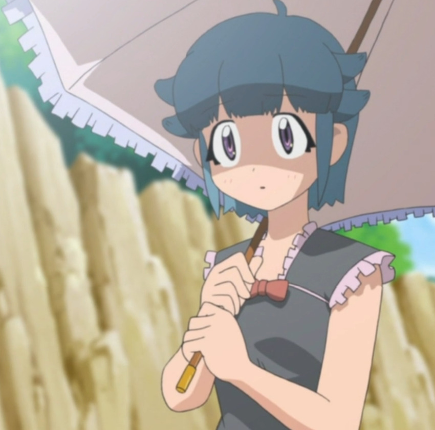 1girl ahoge black_tank_top blue_hair blue_sky blunt_bangs blush frilled_sleeves frills highres holding holding_umbrella keroro_gunsou nishizawa_momoka outdoors purple_eyes ribbon sky solo stitched tank_top third-party_edit tree umbrella worried