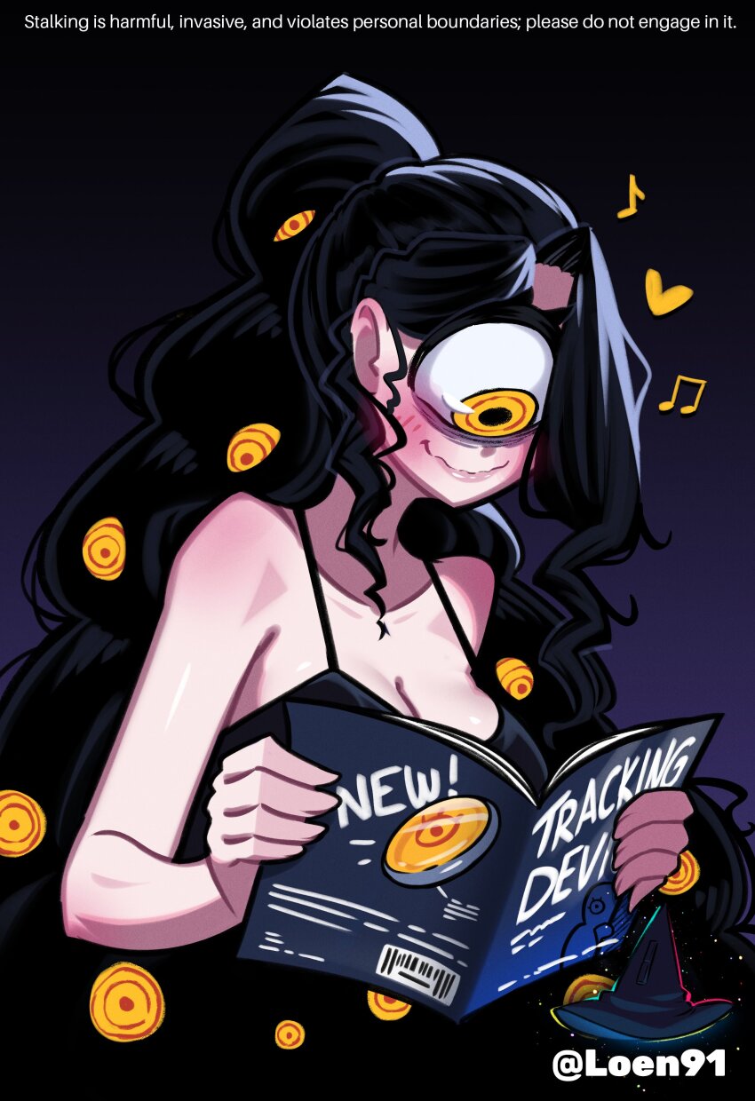 1girl absurdres bags_under_eyes beamed_eighth_notes black_dress black_hair blush breasts cleavage crazy_eyes crazy_smile cyclops dress eighth_note english_text extra_eyes heart highres holding holding_magazine large_breasts loen long_hair magazine_(object) musical_note one-eyed original ponytail reading ringed_eyes smile solo twitter_username very_long_hair watermark wavy_hair wavy_mouth yellow_eyes