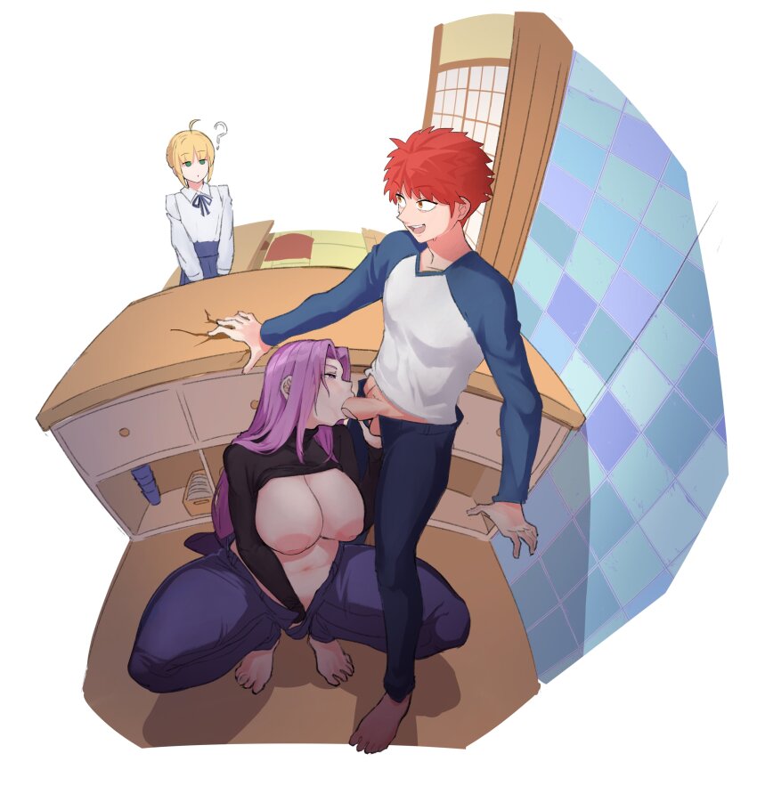 1boy 2girls ? absurdres artoria_pendragon_(fate) blonde_hair breasts clothes_lift emiya_shirou fate/hollow_ataraxia fate/stay_night fate_(series) fellatio hetero highres inverted_nipples large_areolae large_breasts masturbation medusa_(fate) medusa_(rider)_(fate) multiple_girls official_alternate_costume oral purple_hair red_hair saber_(fate) shirt_lift simple_background smugigante stealth_fellatio stealth_sex surprised
