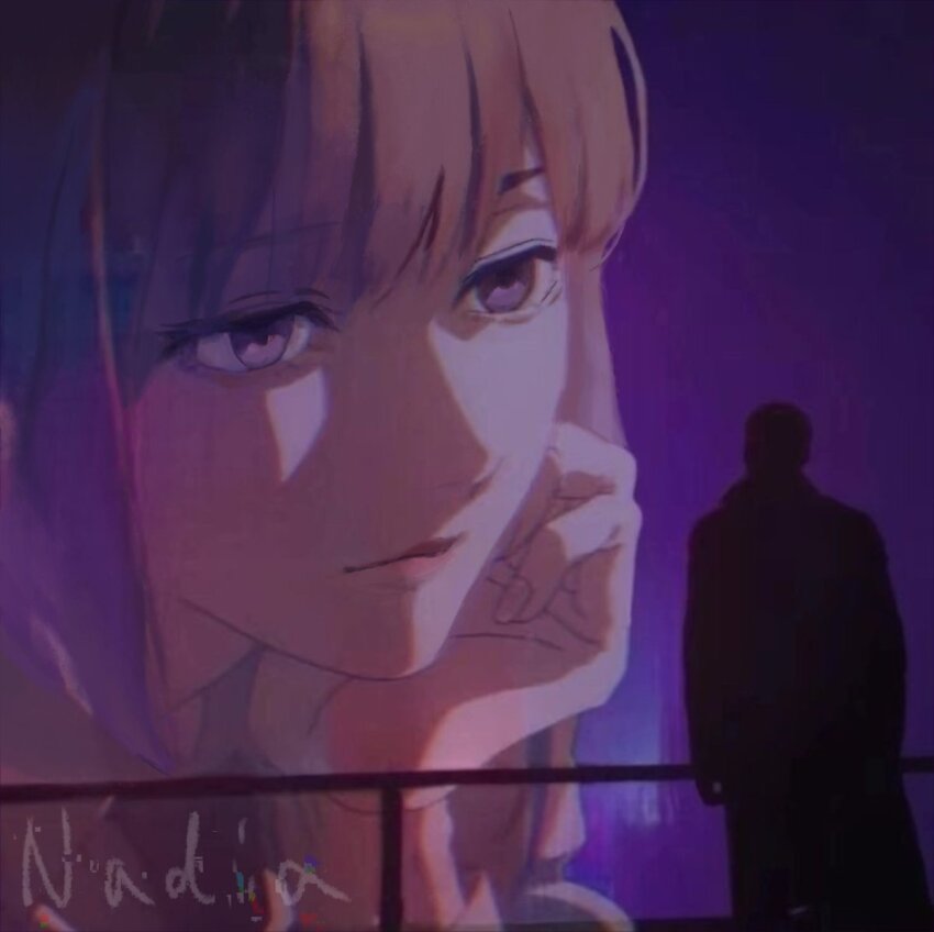 1boy blade_runner blade_runner_2049 cosplay diao_guo_yu girls&#039;_frontline goslingposting_(meme) hologram k_(blade_runner_2049) k_(blade_runner_2049)_(cosplay) meme movie_reference purple_eyes rpk-16_(girls&#039;_frontline) scene_reference signature you_look_lonely_(meme)