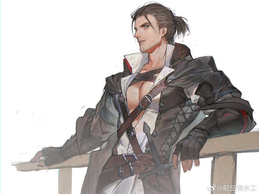 1boy adventurer_(ff14) against_fence bara beard_stubble chest_harness eboda-x facial_hair feet_out_of_frame fence hair_slicked_back harness hyur large_pectorals looking_at_viewer male_focus mature_male medium_hair mustache_stubble pectoral_cleavage pectorals scar scar_across_eye scar_on_face sheath sheathed sideways_glance solo standing stubble thick_eyebrows warrior_of_light_(ff14)