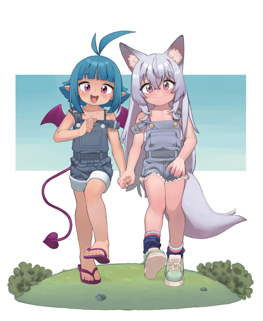 2girls animal_ears antenna_hair blue_hair blue_socks closed_mouth demon_girl demon_tail demon_wings flat_chest fox_ears fox_girl fox_tail grey_hair highres holding_hands long_hair looking_at_viewer loose_socks multiple_girls open_mouth original overalls pink_eyes pointy_ears purple_tail purple_wings short_hair socks tail teeth toes upper_teeth_only very_long_hair wings yokappa_(jokappa)