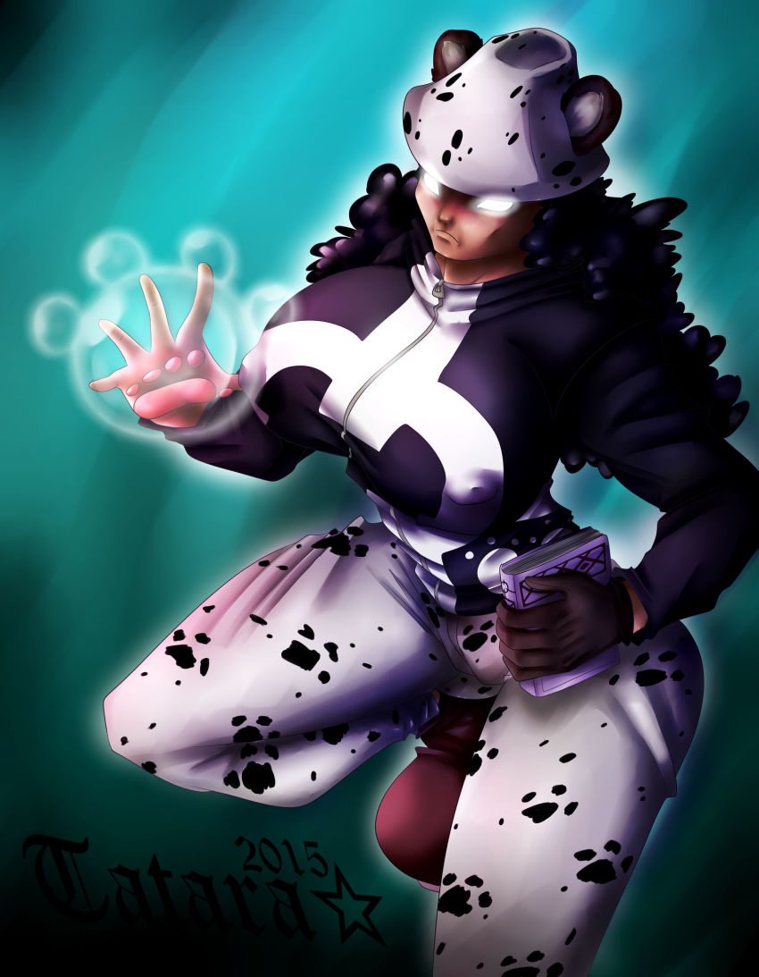 1girl animal_ears animal_hands attack aura bartholomew_kuma bible_(object) black_hair bodysuit boots curly_hair cyborg dark-skinned_female dark_skin energy fake_animal_ears female_focus fighting_stance genderswap gloves hat highres holding long_hair looking_at_viewer nikyu_nikyu_no_mi nipples no_pupils one_piece pants power solo white_eyes