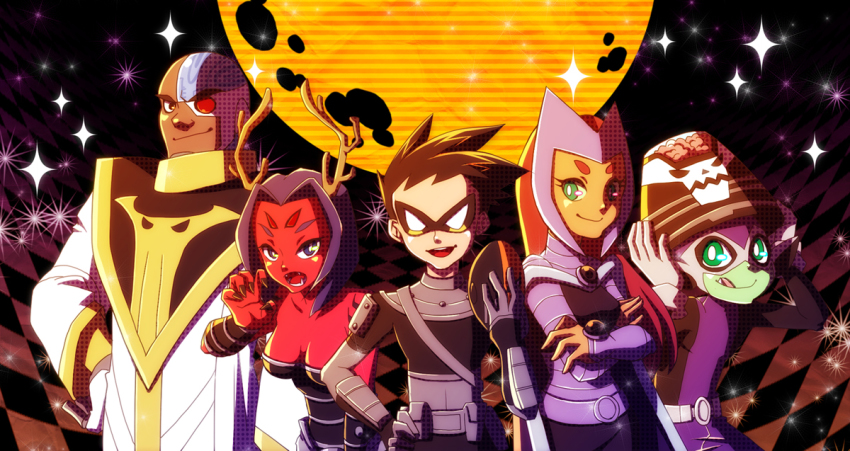 2girls 3boys bare_shoulders beast_boy_(dc) black_hair blackfire blackfire_(cosplay) breasts brother_blood brother_blood_(cosplay) cartoon_network checkered_background cleavage colored_skin cosplay costume cyborg_(dc) dark_skin dc_comics deathstroke deathstroke_(cosplay) dick_grayson domino_mask gloves green_skin halloween hand_on_own_hip ladama long_hair mask moon multiple_boys multiple_girls night night_sky one-eyed purple_hair raven_(dc) red_hair robin_(dc) short_hair sky star_(symbol) starfire teen_titans the_brain the_brain_(cosplay) trigon trigon_(cosplay) victor_stone