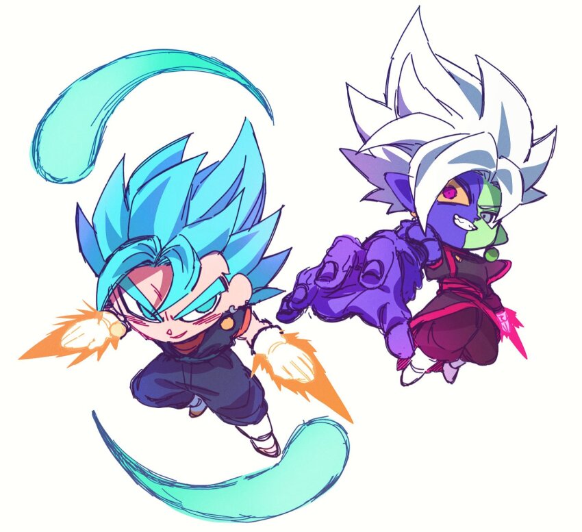 2boys arm_blade aura blue_eyes blue_hair blue_pants blue_shirt chibi dougi dragon_ball dragon_ball_super dragon_ball_z_dokkan_battle energy_sword full_body fused_zamasu highres komesan_0212 male_focus medium_hair multiple_boys orange_shirt pants shirt simple_background spiked_hair super_saiyan super_saiyan_blue sword vegetto weapon white_background white_hair