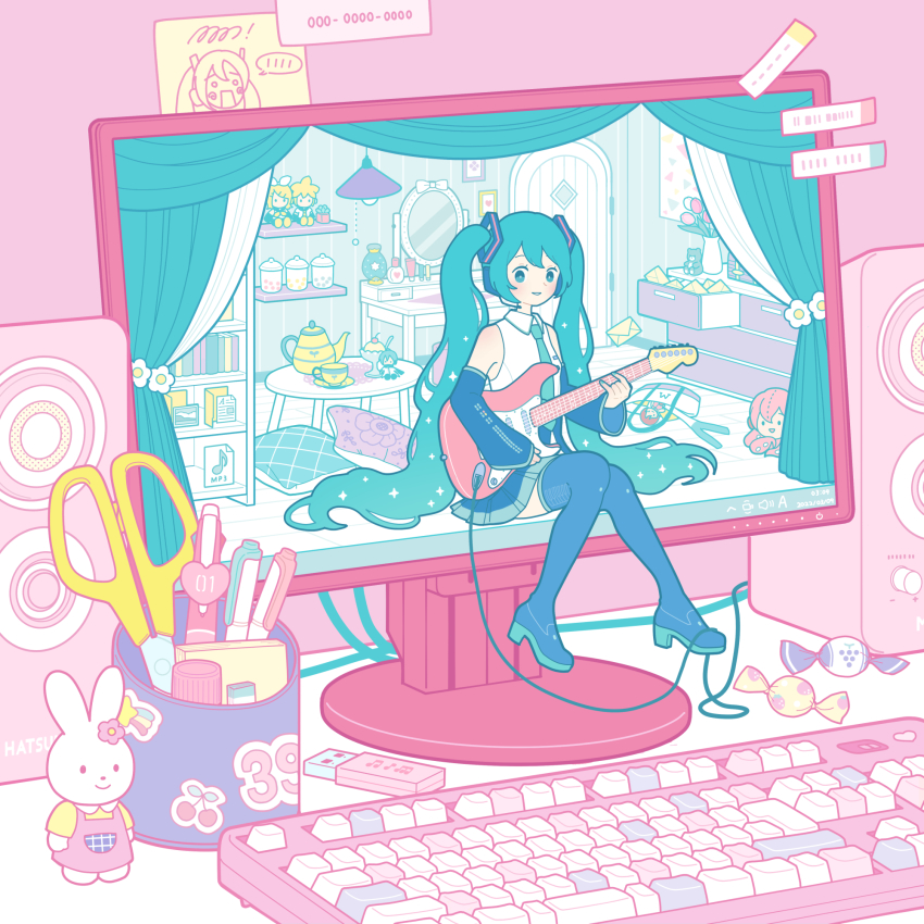 1girl aqua_hair black_skirt blouse blush boots character_request collared_shirt cup curtains detached_sleeves door drawer electric_guitar file flash_drive flower folder guitar hachune_miku halftone hatsune_miku highres instrument kagamine_len kagamine_rin kaito_(vocaloid) letter long_hair long_sleeves megurine_luka meiko_(vocaloid) mini_person minigirl mirror monitor pillow pink_flower pink_tulip pleated_skirt red_flower red_tulip scissors shelf shirt sitting skirt sleeveless sleeveless_shirt solo sparkle spring_onion takoluka teacup teapot thigh_boots thighhighs tulip usb very_long_hair vocaloid white_flower white_shirt white_tulip wide_shot yoshimon yume_kawaii
