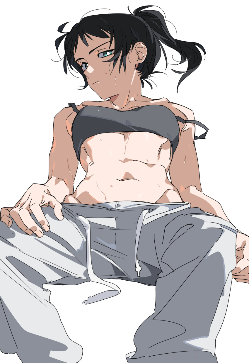1girl absurdres bang_dream! bang_dream!_it&#039;s_mygo!!!!! black_hair blue_eyes bra breasts chinese_commentary closed_mouth commentary_request grey_bra highres invisible_chair looking_at_viewer medium_breasts molu_stranger navel pants ponytail simple_background sitting solo stomach strap_slip sweat underwear white_background white_pants yahata_umiri