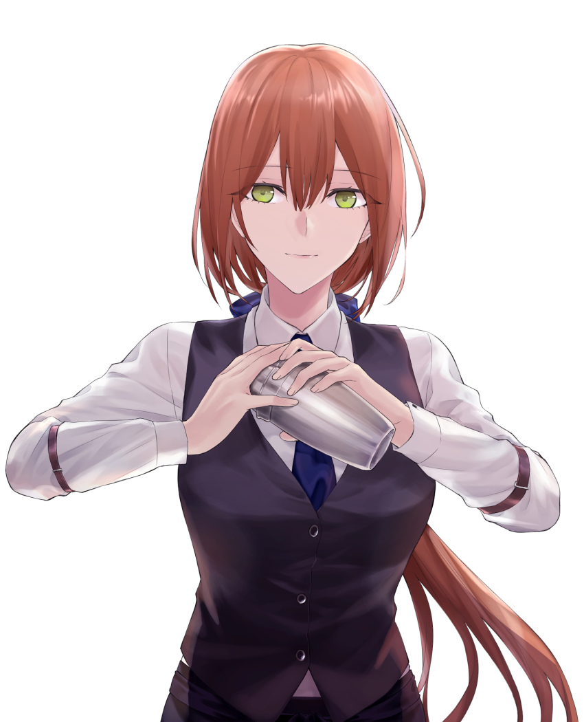 1girl alternate_costume arm_strap bartender black_vest blue_neckwear blue_ribbon breasts brown_hair cocktail_shaker collared_shirt commentary dress_shirt girls&#039;_frontline green_eyes hair_ribbon hair_rings hands_up highres holding holding_shaker large_breasts light_smile long_hair low_ponytail springfield_(girls&#039;_frontline) necktie ponytail ribbon shadow shaker shirt sidelocks simple_background sleeve_garter suprii upper_body very_long_hair vest white_background white_shirt