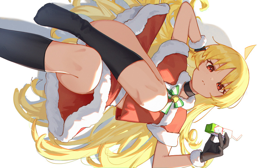 1girl ahoge alternate_costume bell black_choker black_gloves black_socks blonde_hair blush bocchi_the_rock! bow capelet choker closed_mouth commentary convenient_leg drop_shadow eyelashes foot_out_of_frame frown fur-trimmed_capelet fur-trimmed_gloves fur-trimmed_skirt fur_trim gloves green_bow hair_spread_out hands_up highres holding_carton ijichi_seika jl_tan kneehighs knees_up long_hair looking_at_viewer lying neck_bell no_shoes on_back red_eyes red_skirt santa_capelet santa_costume sidelighting simple_background skirt slit_pupils socks solo split_mouth very_long_hair white_background