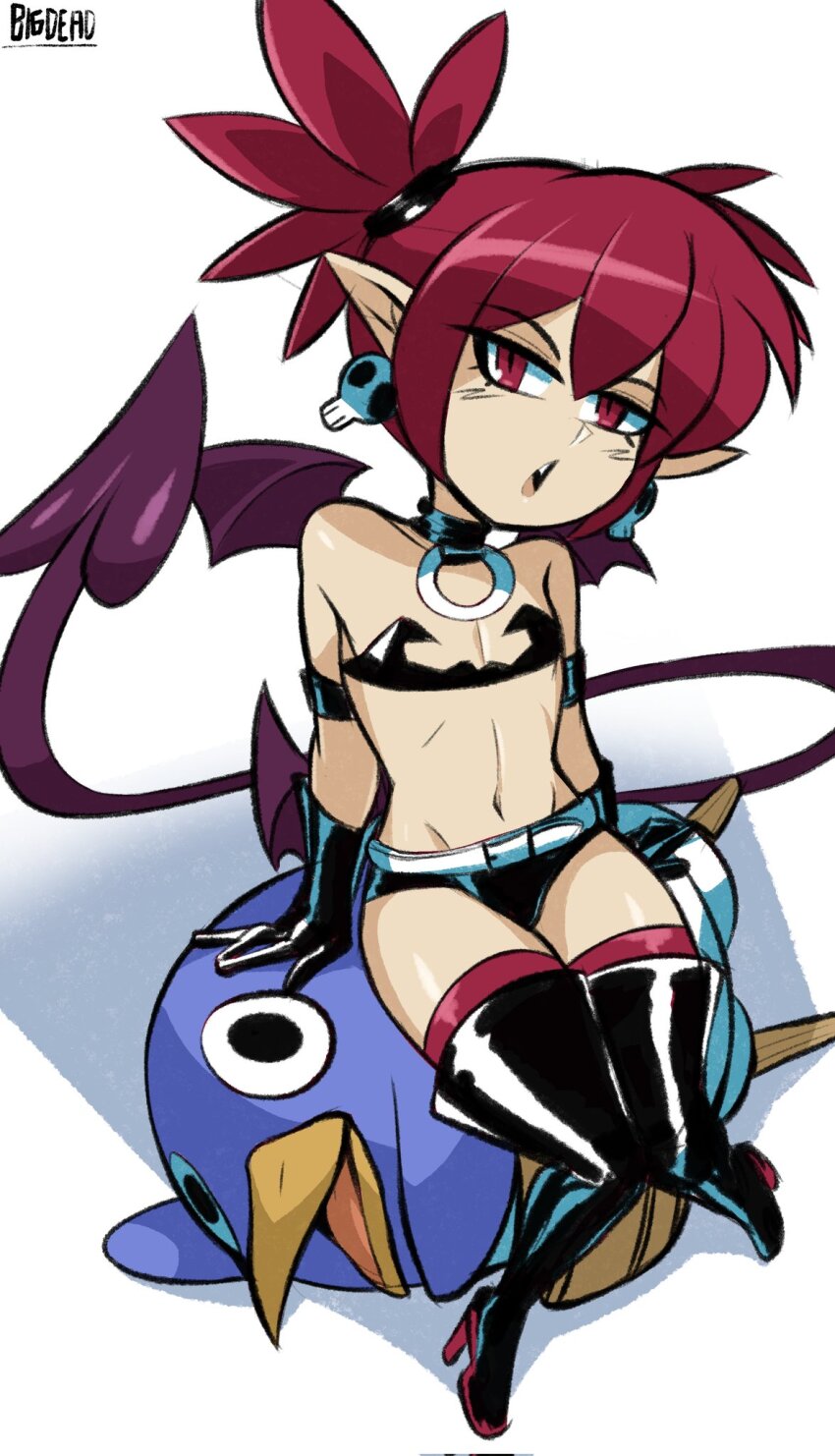 bigdead boots choker demon demon_girl disgaea elbow_gloves etna_(disgaea) flat_chest gloves high_heel_boots high_heels highres prinny red_hair sitting_on_animal skirt tail thigh_boots thighhighs twintails wings