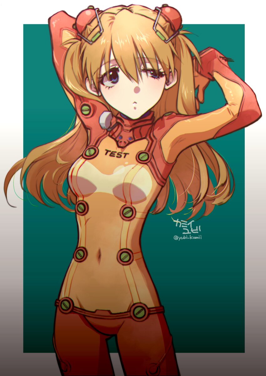 1girl :&lt; arms_up blue_eyes bodysuit breasts brown_hair evangelion:_2.0_you_can_(not)_advance floating_hair hair_ornament highres long_hair long_sleeves mecha_pilot_suit neon_genesis_evangelion plugsuit_(evangelion) rebuild_of_evangelion red_bodysuit see-through_bodysuit see-through_clothes shiny_clothes simple_background solo souryuu_asuka_langley standing test_plugsuit_(evangelion) two_side_up very_long_hair wide_hips yubi_kamii
