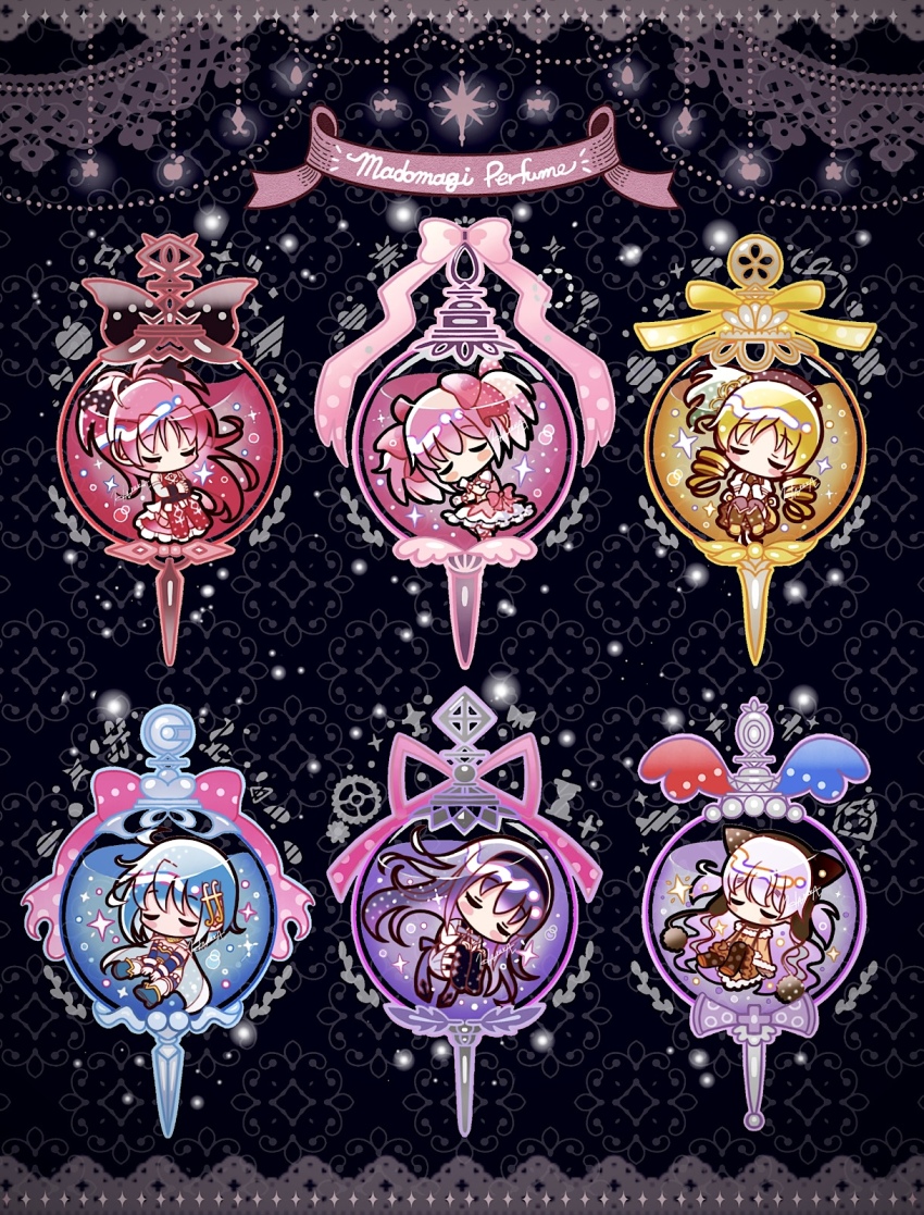 6+girls akemi_homura black_background black_ribbon chibi closed_eyes grief_seed hair_ribbon highres kaname_madoka long_hair mahou_shoujo_madoka_magica medium_hair miki_sayaka momoe_nagisa multiple_girls pink_ribbon ponytail ribbon sakura_kyoko short_twintails tomoe_mami twintails yae_harura