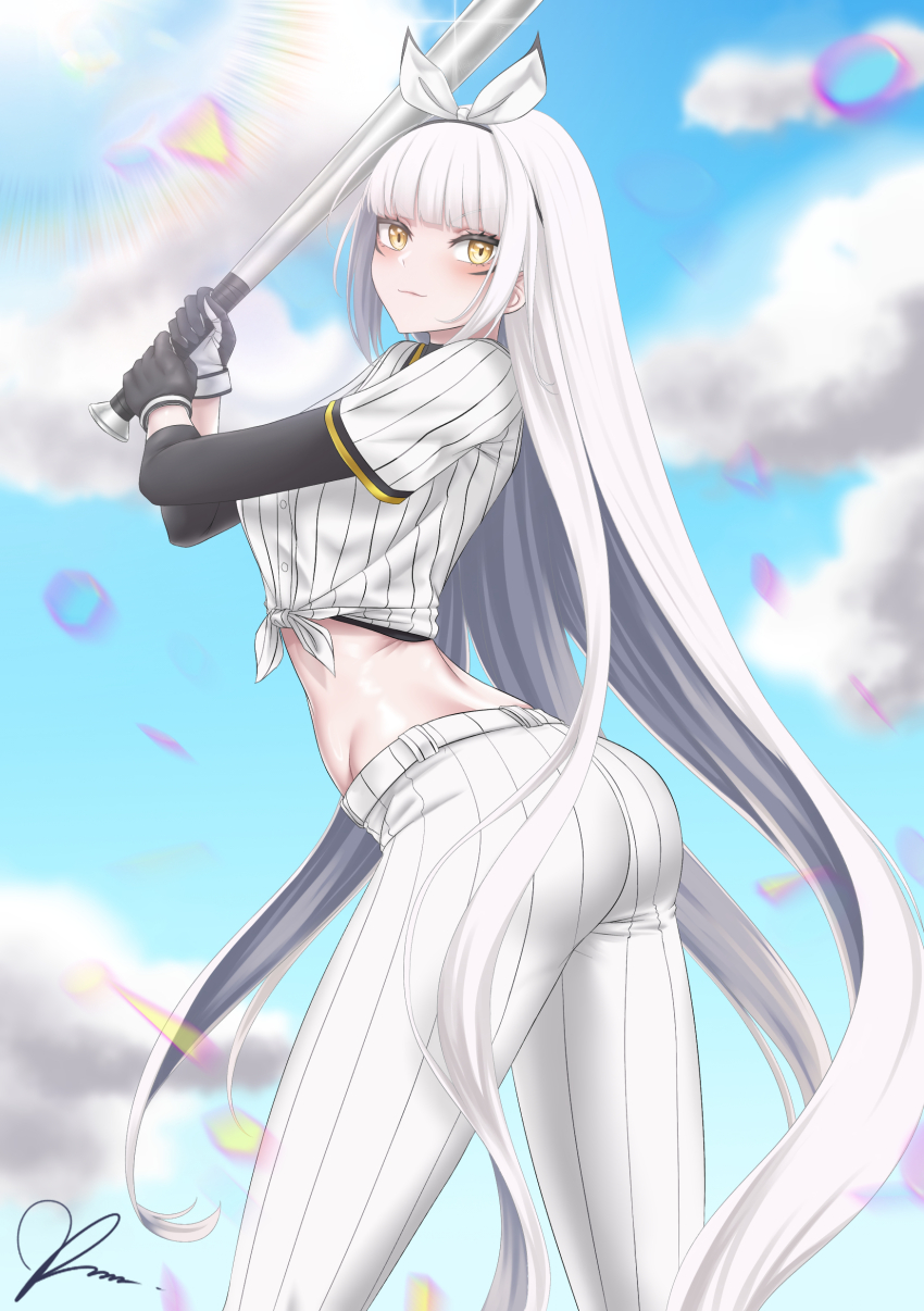 1girl absurdres alternate_costume ass baseball_bat baseball_uniform blanc_(nikke) blanc_(no._77_batter)_(nikke) blush breasts gloves goddess_of_victory:_nikke highres long_hair looking_at_viewer medium_breasts pants ramiki smile solo sportswear very_long_hair white_hair yellow_eyes