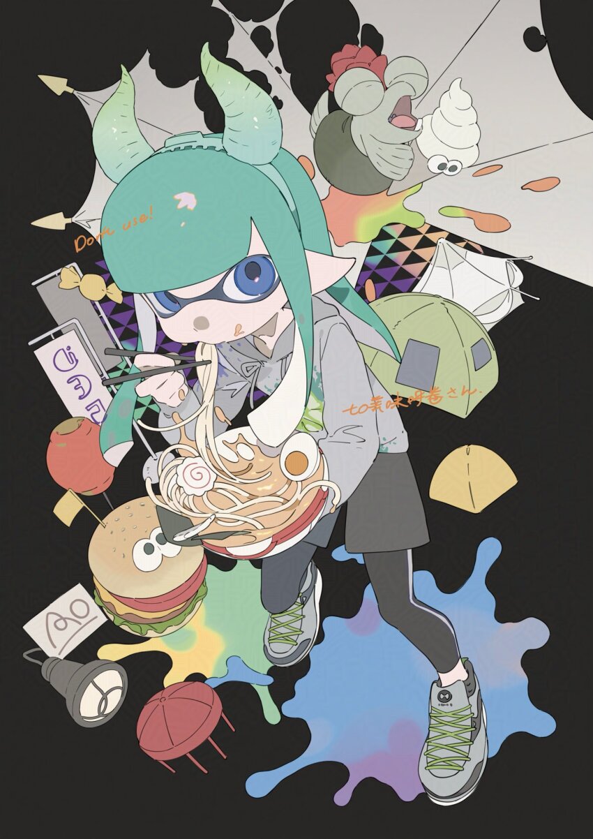 1girl aqua_hair aqua_hairband black_leggings blue_eyes bowl burger chopsticks eating egg_(food) fake_horns food food_on_face full_body gomi20021021 grey_hoodie grey_shoes grey_shorts hairband highres holding holding_bowl holding_chopsticks hood hood_down hoodie horn_hairband horns ice_cream ice_cream_cone inkling inkling_girl inkling_player_character kamaboko leggings leggings_under_shorts long_hair long_sleeves looking_at_viewer narutomaki nintendo noodles pointy_ears ramen salmonid shoes shorts smallfry_(splatoon) sneakers splatoon_(series) splatoon_3 standing tentacle_hair