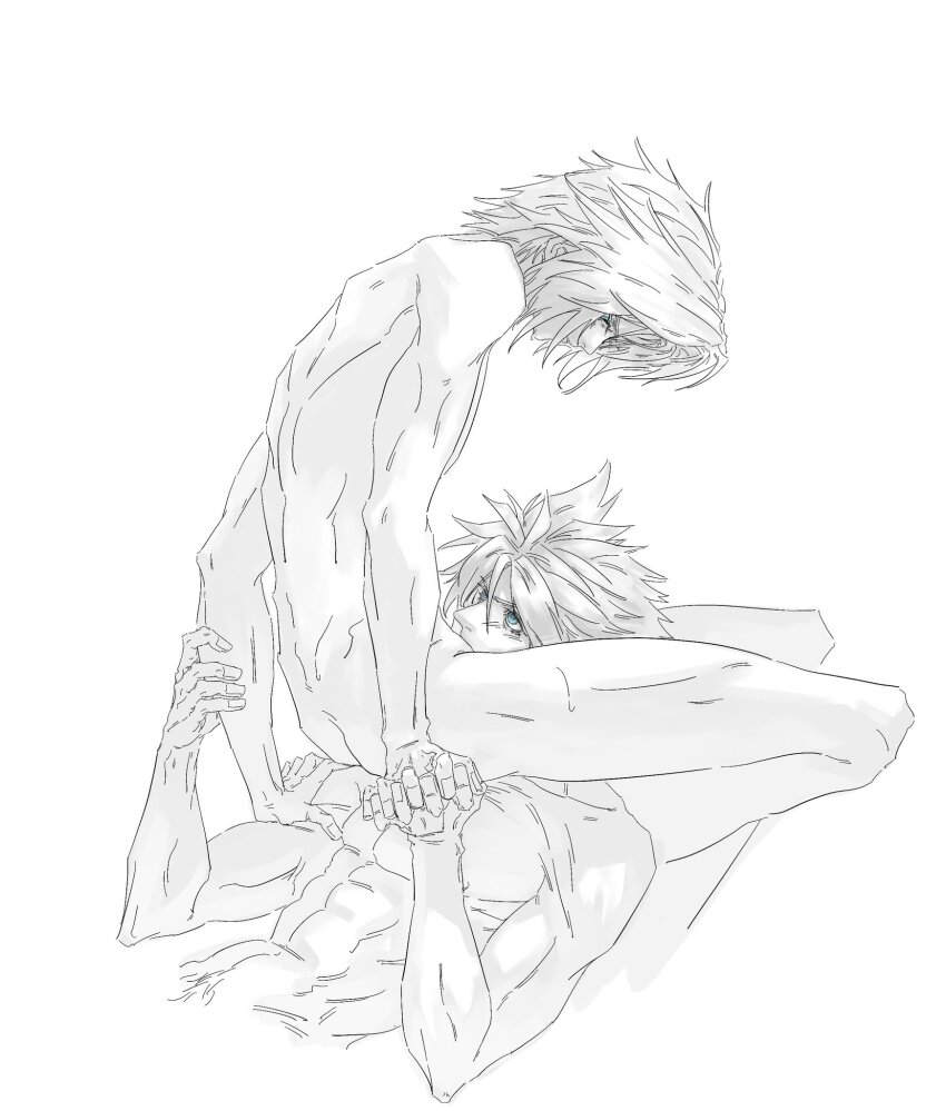 2boys abs aqua_eyes ass cloud_strife completely_nude feet_out_of_frame fellatio final_fantasy final_fantasy_vii final_fantasy_vii_ever_crisis hair_between_eyes hand_on_another&#039;s_shoulder highres holding_another&#039;s_arm looking_at_another male_focus multiple_boys nude oral parted_bangs sephiroth sephiroth_(ever_crisis) spiked_hair spot_color sweat upper_body white_background xiojio293506 yaoi