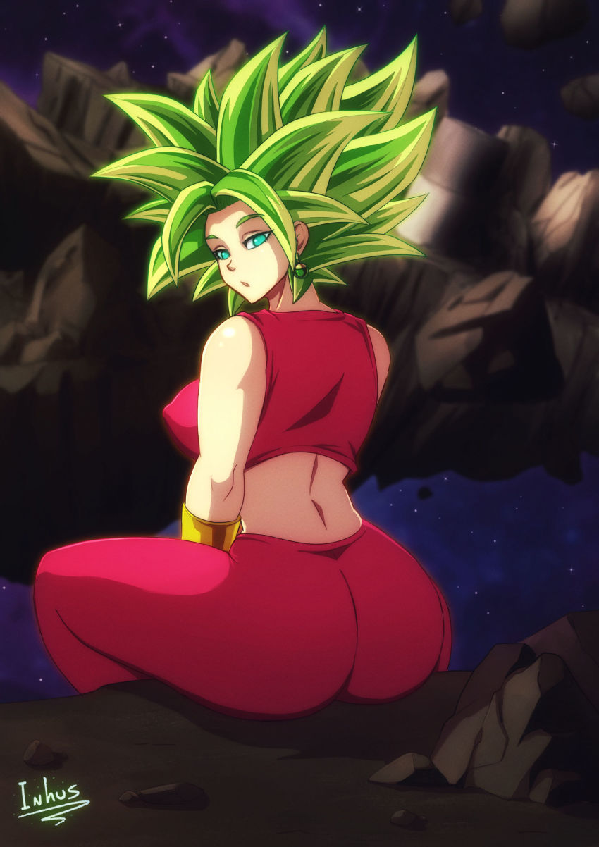 1girl aqua_eyes ass breasts dragon_ball dragon_ball_super highres inhus jewelry kefla_(dragon_ball) large_breasts leggings looking_back muscular muscular_female on_ground open_mouth sideboob spiked_hair super_saiyan