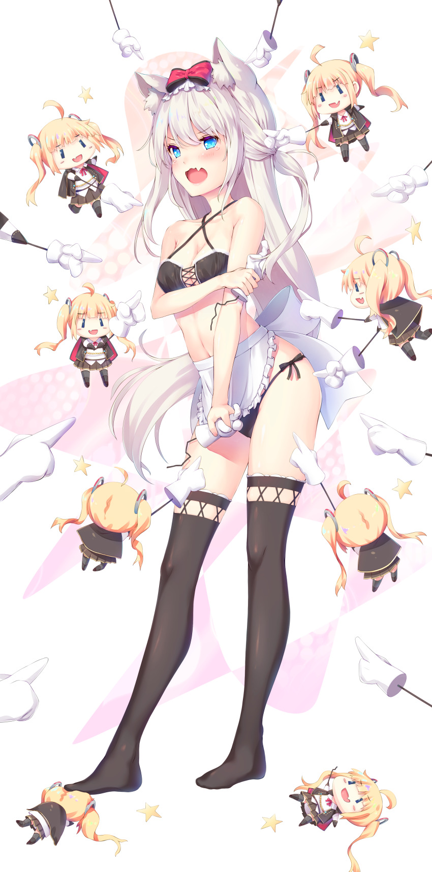 6+girls :d absurdres ahoge amazon_(azur_lane) animal_ear_fluff animal_ears apron azur_lane bare_arms bare_shoulders black_bra black_gloves black_panties blonde_hair blue_eyes blush_stickers bow bra breasts brown_cape brown_legwear brown_skirt cape cat_ears chibi cleavage collarbone collared_shirt commentary_request criss-cross_halter fang frilled_apron frills full_body gloves hair_between_eyes hair_bow hair_ornament halterneck hammann_(azur_lane) highres holding long_hair medium_breasts mini_person minigirl multicolored_cape multiple_girls nakazawa_aki navel no_shoes one_side_up open_mouth panties pleated_skirt pointing red_bow red_cape shirt side-tie_panties silver_hair skirt smile standing tears thighhighs twintails underwear very_long_hair waist_apron white_apron white_shirt