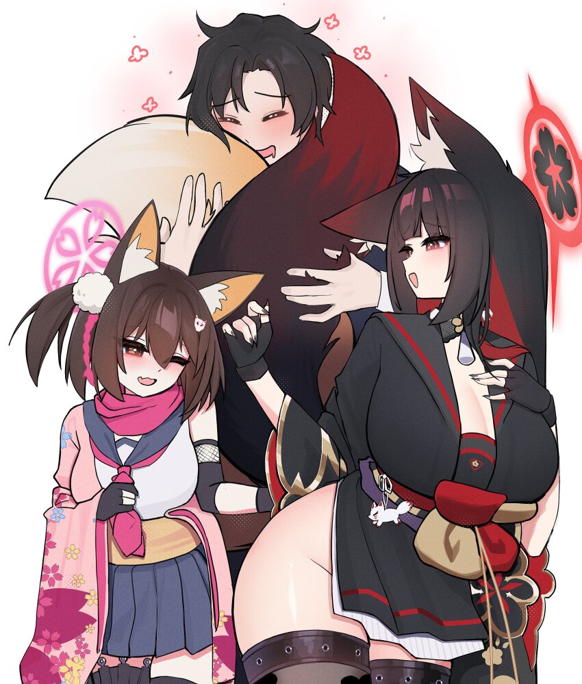 1boy 2girls absurdres animal_ear_fluff black_sailor_collar black_shirt black_skirt blue_archive breasts brown_hair cleavage colored_inner_animal_ears colored_inner_hair fang fingerless_gloves floral_print floral_print_kimono floral_print_sleeves gloves hadanugi_dousa hair_ornament halo highres hugging_tail izuna_(blue_archive) japanese_clothes kimono large_breasts long_hair miniskirt multicolored_hair multiple_girls neckerchief obi one_eye_closed one_side_up open_clothes open_kimono open_mouth partially_fingerless_gloves pink_halo pink_kimono pink_neckerchief pleated_skirt pom_pom_(clothes) pom_pom_hair_ornament print_kimono red_hair red_halo rope sailor_collar sash sensei_(blue_archive) shimenawa shirt short_hair side_slit silenzuka skin_fang skirt smile tail thick_thighs thighs wakamo_(blue_archive) white_shirt white_skirt wide_sleeves yellow_eyes