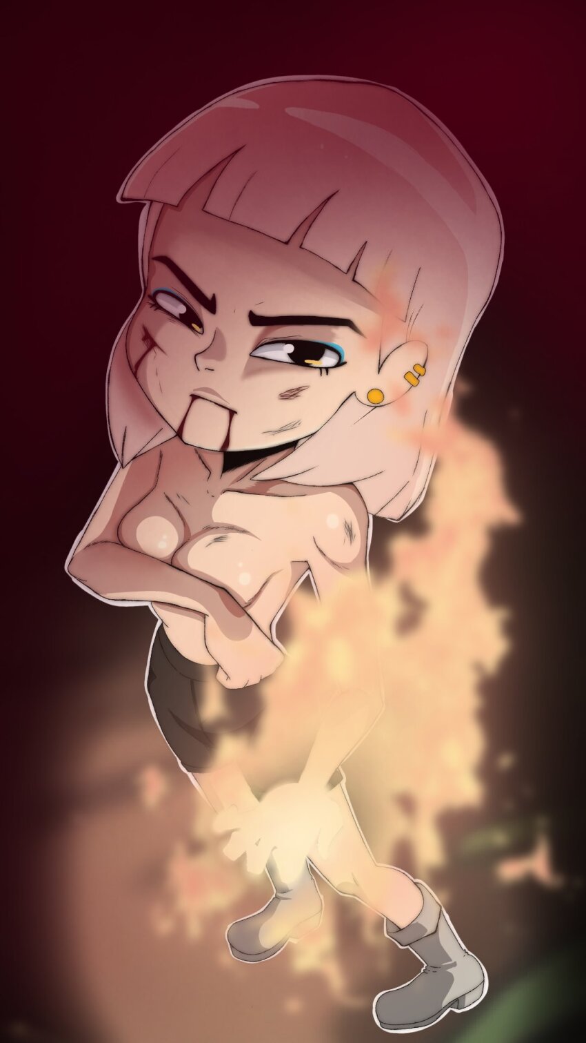 1girl black_eyes black_shorts blonde_hair blood blunt_bangs boots breasts bruise closed_mouth covered_erect_nipples ear_piercing earrings eyeshadow fire from_above gradient_background half-closed_eyes hand_on_own_chest highres injury jentry_chau jentry_chau_vs_the_underworld jewelry looking_at_viewer makeup maximil66748460 medium_breasts no_bra piercing pyrokinesis serious short_hair shorts standing topless_female white_boots