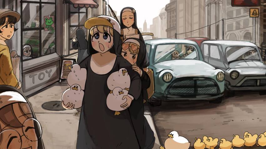 1other 6+girls :o backpack bag baguette bird black_hair blonde_hair blue_eyes bread brown_hair brown_hat car chicken city closed_eyes clumsy_nun_(diva) commentary diva_(hyxpk) dog duck duckling english_commentary eyewear_on_head food froggy_nun_(diva) glasses glasses_nun_(diva) hat heart heart-shaped_eyewear highres hungry_nun_(diva) jacket little_nuns_(diva) motor_vehicle multiple_girls nervous_sweating nun paper_bag round_eyewear shy spicy_nun_(diva) star_nun_(diva) star_ornament suitcase sunglasses sweat traditional_nun van yellow_eyes yellow_jacket