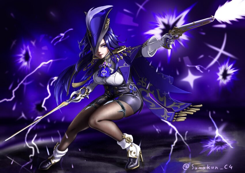 1girl black_shorts breasts brown_pantyhose cape clorinde_(genshin_impact) electricity electro_symbol_(genshin_impact) firing frown genshin_impact gloves gun handgun hat high-waist_shorts high_heels highres holding holding_gun holding_sword holding_weapon jewelry looking_to_the_side medium_breasts pantyhose purple_cape purple_hat shirt shorts solo sumakun sword thighlet tricorne twitter_username v-shaped_eyebrows vision_(genshin_impact) weapon white_gloves white_high_heels white_shirt