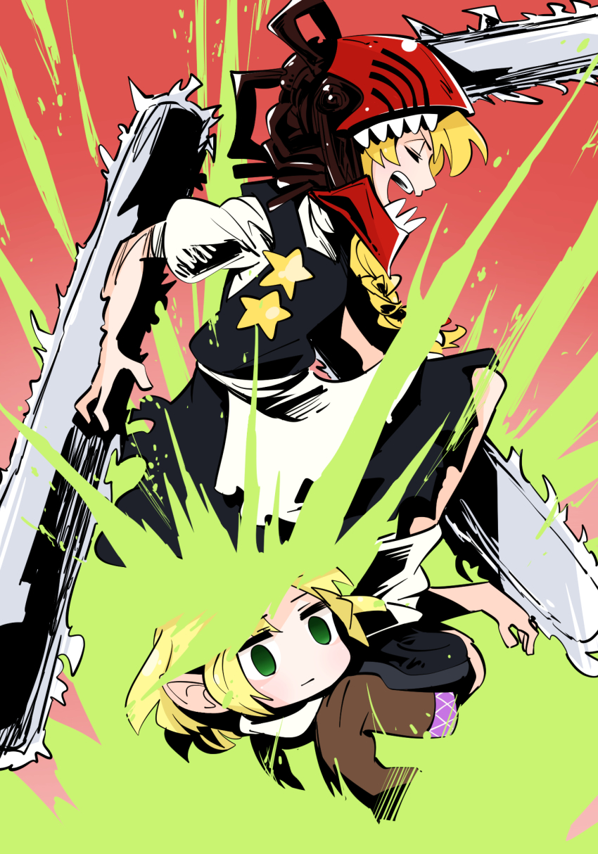2girls apron arm_blade black_footwear black_vest blonde_hair blood chainsaw chainsaw_man closed_eyes closed_mouth colored_blood commentary cookie_(touhou) cosplay denji_(chainsaw_man) denji_(chainsaw_man)_(cosplay) empty_eyes expressionless full_body gram_9 green_blood green_eyes highres joker_(cookie) kirisame_marisa long_hair mizuhashi_parsee multiple_girls open_mouth pointy_ears puffy_short_sleeves puffy_sleeves shirt shoes short_hair short_sleeves socks star_(symbol) suzu_(cookie) teeth touhou vest waist_apron weapon white_apron white_legwear white_shirt