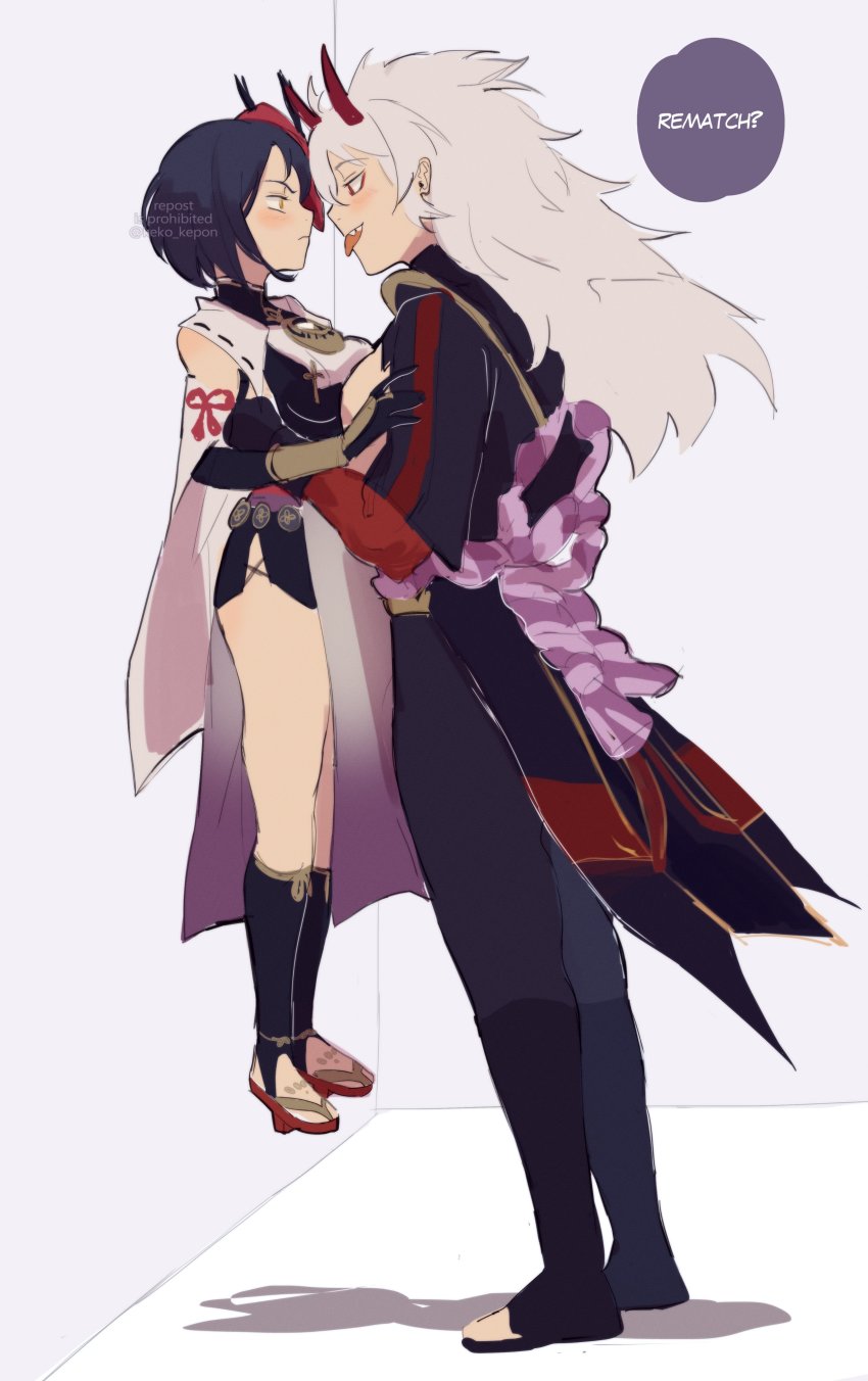 1boy 1girl absurdres arataki_itto bird_mask black_bodysuit black_hair blush bodysuit breasts breasts_squeezed_together carrying detached_sleeves genshin_impact gloves grabbing_another&#039;s_breast groping height_difference hetero highres holding horns keko_kepon kujou_sara lifting_person mask medium_breasts meme oni sharp_teeth size_difference spiked_hair teeth tengu tengu_mask