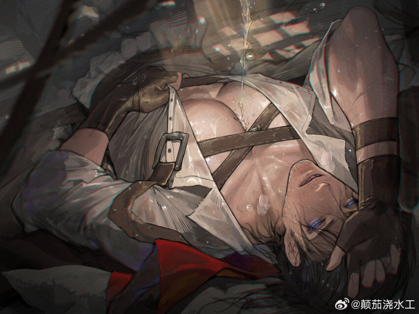 1boy adventurer_(ff14) bara beard_stubble between_pectorals blue_eyes chest_harness chinese_commentary eboda-x facial_hair glowing glowing_eyes hair_slicked_back hand_on_own_forehead harness large_pectorals lying male_focus mature_male medium_hair mustache_stubble on_back pectoral_cleavage pectoral_focus pectorals pouring scar scar_across_eye scar_on_face see-through_clothes solo stubble sunlight thick_eyebrows upper_body upside-down warrior_of_light_(ff14) water watermark weibo_watermark wet wet_clothes wet_hair window_shadow