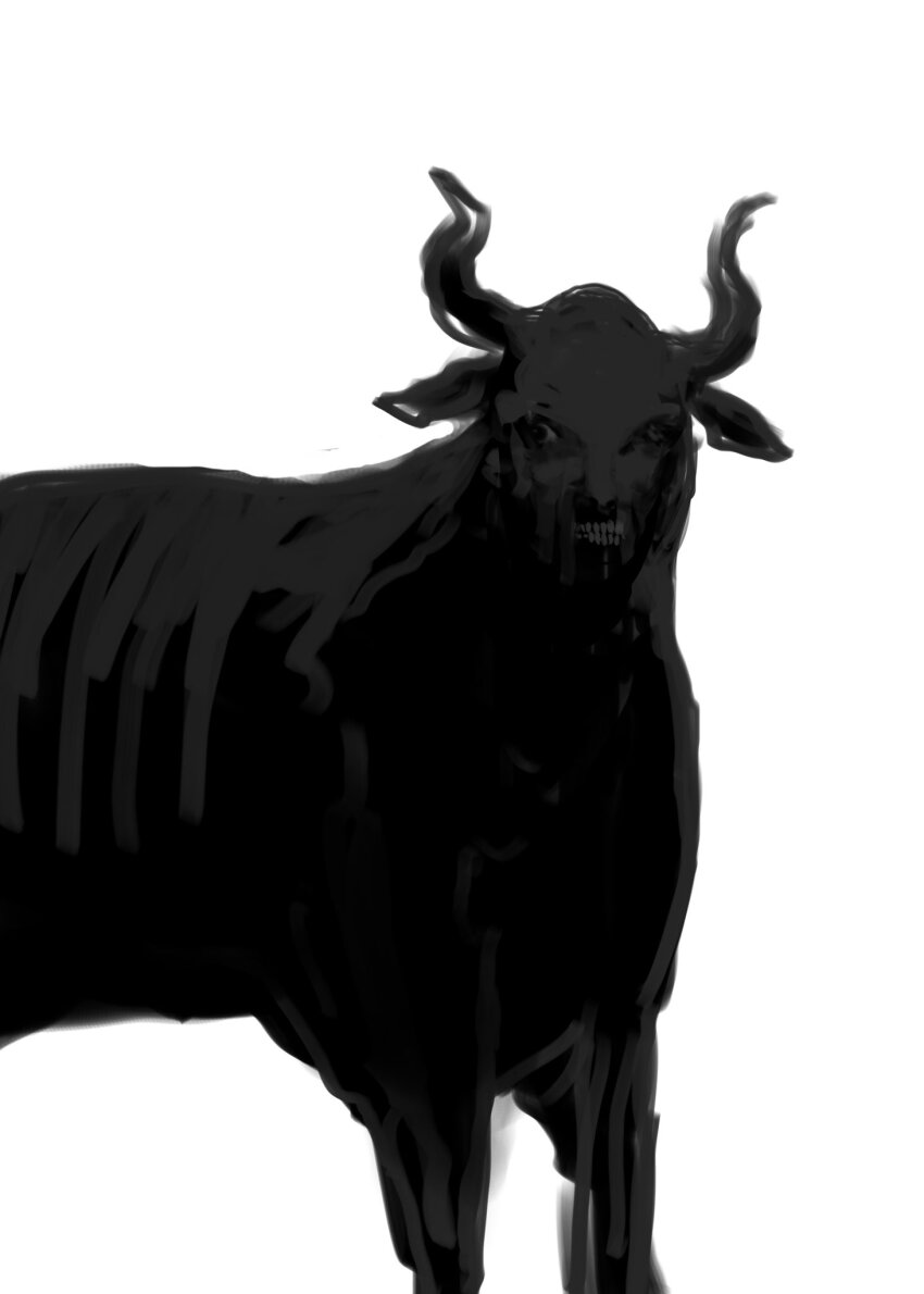 28_berakhah animal_focus black_fur cow highres horns horror_(theme) man_face no_humans original sketch solo white_background