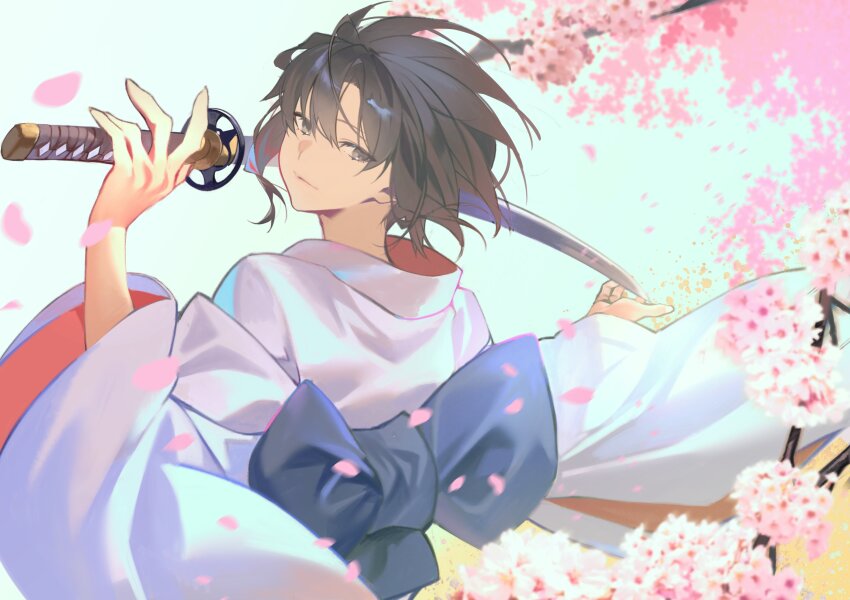 1girl absurdres black_eyes black_hair cherry_blossoms commentary_request floating_hair flower from_behind highres hiro_(hirohiro_gorira) holding holding_sword holding_weapon japanese_clothes kara_no_kyoukai katana kimono looking_at_viewer petals pink_flower ryougi_shiki short_hair smile solo sword weapon white_background white_kimono wide_sleeves