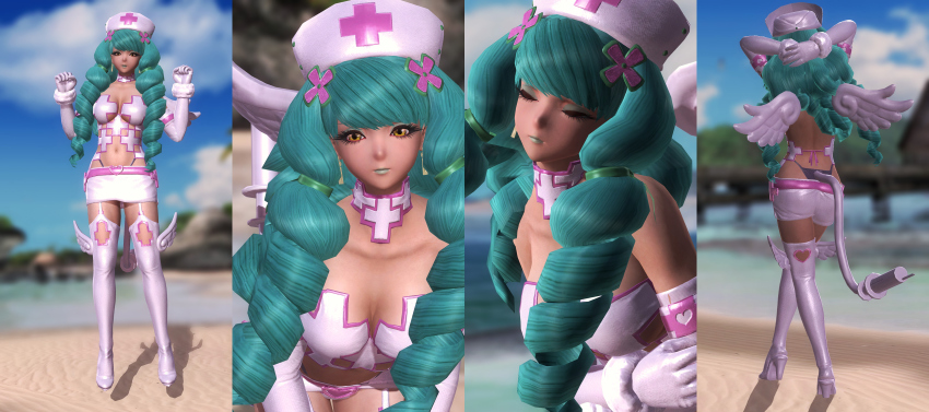 1girl 3d absurdres alternate_costume argyle_clothes argyle_cutout arms_behind_head ass back belt boots breasts cleavage closed_eyes clothing_cutout cross crossed_legs curly_hair drill_hair earrings elbow_gloves eyeshadow fake_tail female_focus fiore_brunelli full_body garter_straps gloves green_hair green_lips hair_ornament hand_on_own_hip hat heart high_heel_boots high_heels highres holding holding_weapon jewelry large_breasts leaning_forward leotard lipstick long_hair looking_at_viewer makeup midriff miniskirt navel needle nurse nurse_cap outdoors pink_gloves pink_thighhighs revealing_clothes sand skirt solo split_screen square_enix standing star_ocean star_ocean_anamnesis star_ocean_integrity_and_faithlessness tail thigh_boots thighhighs thong thong_leotard twin_drills twintails very_long_hair weapon wings yellow_eyes