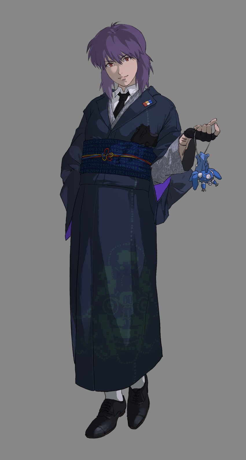 1girl absurdres aizheajsee black_necktie collared_shirt full_body ghost_in_the_shell ghost_in_the_shell:_stand_alone_complex grey_background highres kusanagi_motoko looking_at_viewer necktie purple_hair red_eyes shirt solo tachikoma white_shirt