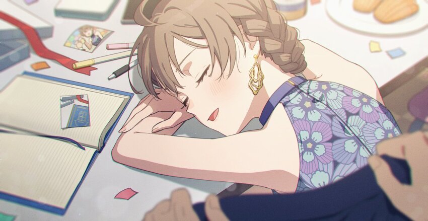 1girl arms_on_table braid brown_hair closed_eyes covering_with_clothes crossed_arms earrings floral_print halterneck head_on_arm head_rest idolmaster idolmaster_million_live! idolmaster_million_live!_theater_days jewelry mishio my_only_fair_lady_(idolmaster) official_alternate_costume open_mouth out_of_frame pov pov_hands sakuramori_kaori short_hair sleeping sleeveless solo_focus table