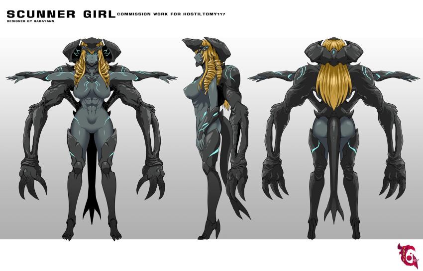 1girl abs ass bioluminescence blonde_hair blue_eyes breasts completely_nude drill_hair epic functionally_nude garayann glowing glowing_eyes glowing_veins highres horns kaiju large_breasts legendary_pictures monster monster_girl muscular muscular_female navel neon_trim no_humans no_nipples no_pussy nude pacific_rim personification revealing_clothes scunner solo t-pose tail vambraces veins warner_bros