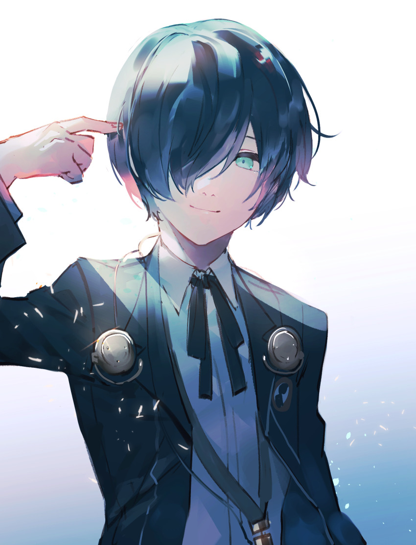 1boy black_jacket black_ribbon blue_eyes blue_hair collared_shirt finger_gun finger_gun_to_head finger_to_head gekkoukan_high_school_uniform headphones highres jacket long_sleeves looking_at_viewer lor_(roasyerizyonirapi) male_focus neck_ribbon persona persona_3 pointing pointing_at_self ribbon school_uniform shirt short_hair smile solo upper_body white_shirt yuuki_makoto_(persona_3)