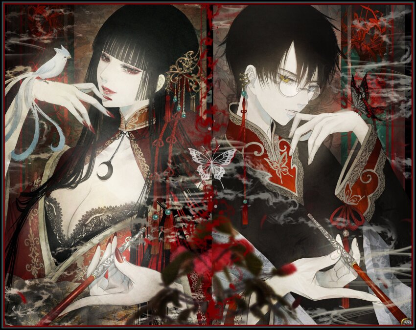 1boy 1girl absurdres animal animal_on_hand animal_print beads bird bird_on_hand black_border black_hair black_robe blue_eyes blunt_bangs blurry border breasts bug butterfly butterfly_brooch butterfly_print clamp_(circle)_(style) cleavage commentary crescent depth_of_field earrings embroidery english_commentary eyelashes finger_to_mouth fingernails floral_background floral_print flower glasses hair_ornament hand_up heterochromia highres hime_cut holding holding_smoking_pipe ichihara_yuuko insect japanese_clothes jewelry kimono kiseru lace_trim long_fingernails long_hair long_sleeves looking_afar looking_at_viewer multiple_earrings pale_skin parted_lips pendant red_border red_eyes red_flower red_lips red_nails robe round_eyewear satsuki_kei shawl short_hair sidelocks smile smoke smoking_pipe spider_lily spider_lily_print split_screen straight_hair tassel tassel_hair_ornament upper_body watanuki_kimihiro xxxholic yellow_eyes