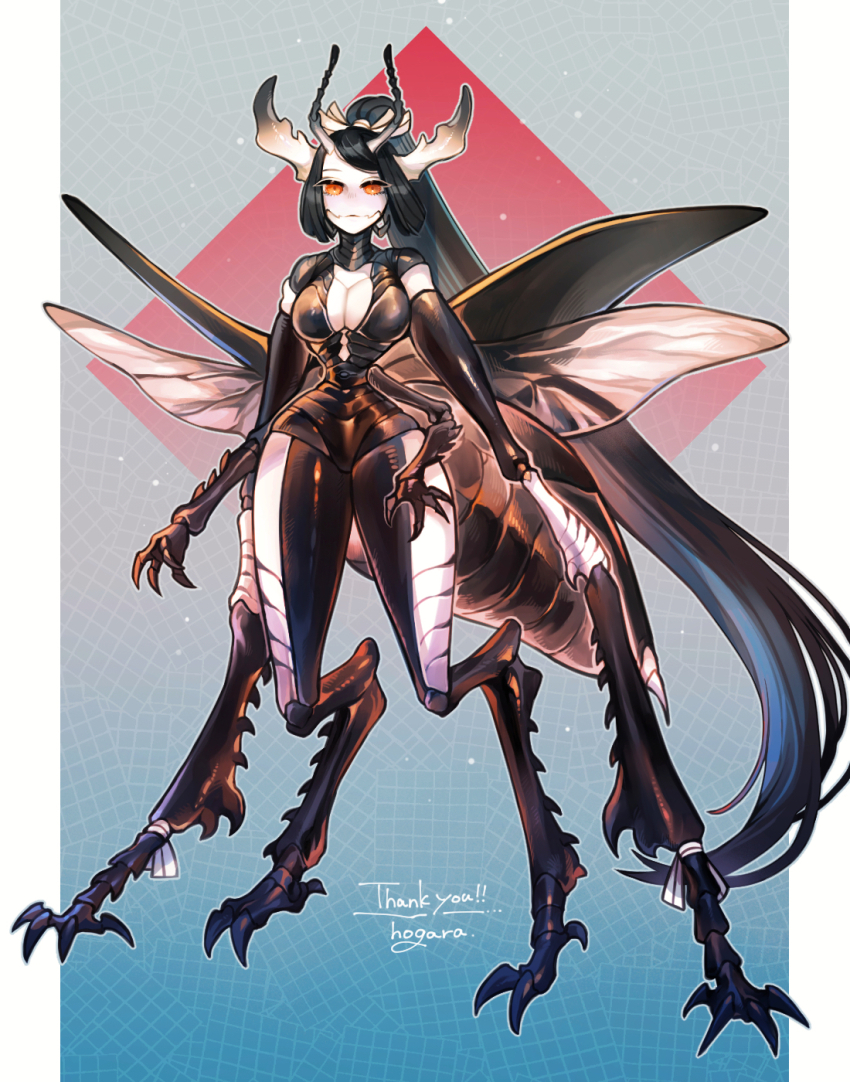 1girl antennae arthropod_girl black_hair black_skin carapace claws colored_skin commission digitigrade english_text extra_arms full_body highres hogara insect_wings long_arms long_hair looking_at_viewer monster_girl multicolored_skin narrow_waist original ponytail red_eyes signature skeb_commission solo standing two-tone_skin very_long_hair white_skin wings