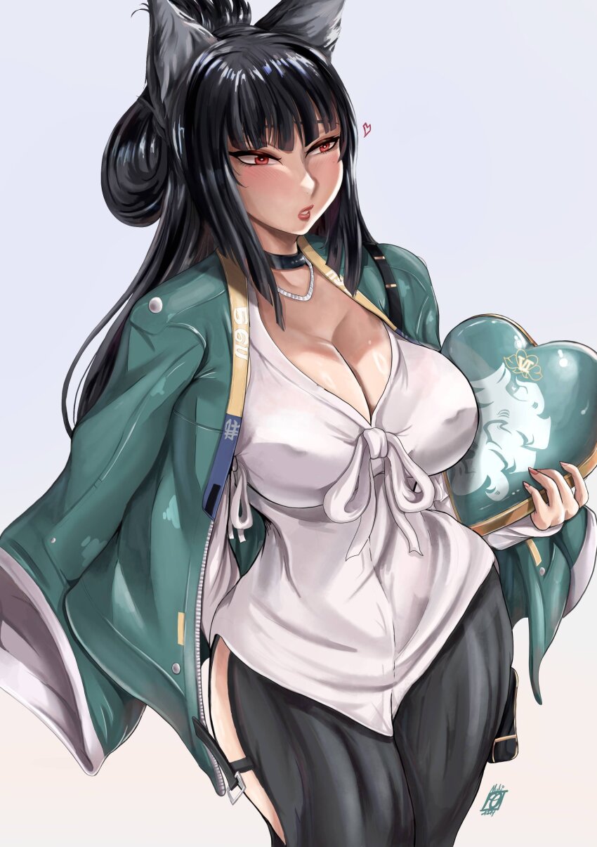 1girl 2025 animal_ears artist_logo black_choker black_hair black_skirt blush bow breasts cat_ears cat_girl choker cleavage coat coat_on_shoulders commentary covered_erect_nipples cowboy_shot english_commentary female_focus flustered folded_hair green_coat heart highres holding holding_heart hoshimi_miyabi implied_extra_ears jewelry large_breasts light_blush logo long_hair makinidraws necklace nose_blush parted_lips pearl_necklace red_eyes red_lips red_nails shirt side_slit simple_background skirt solo straight_hair valentine white_background white_shirt zenless_zone_zero